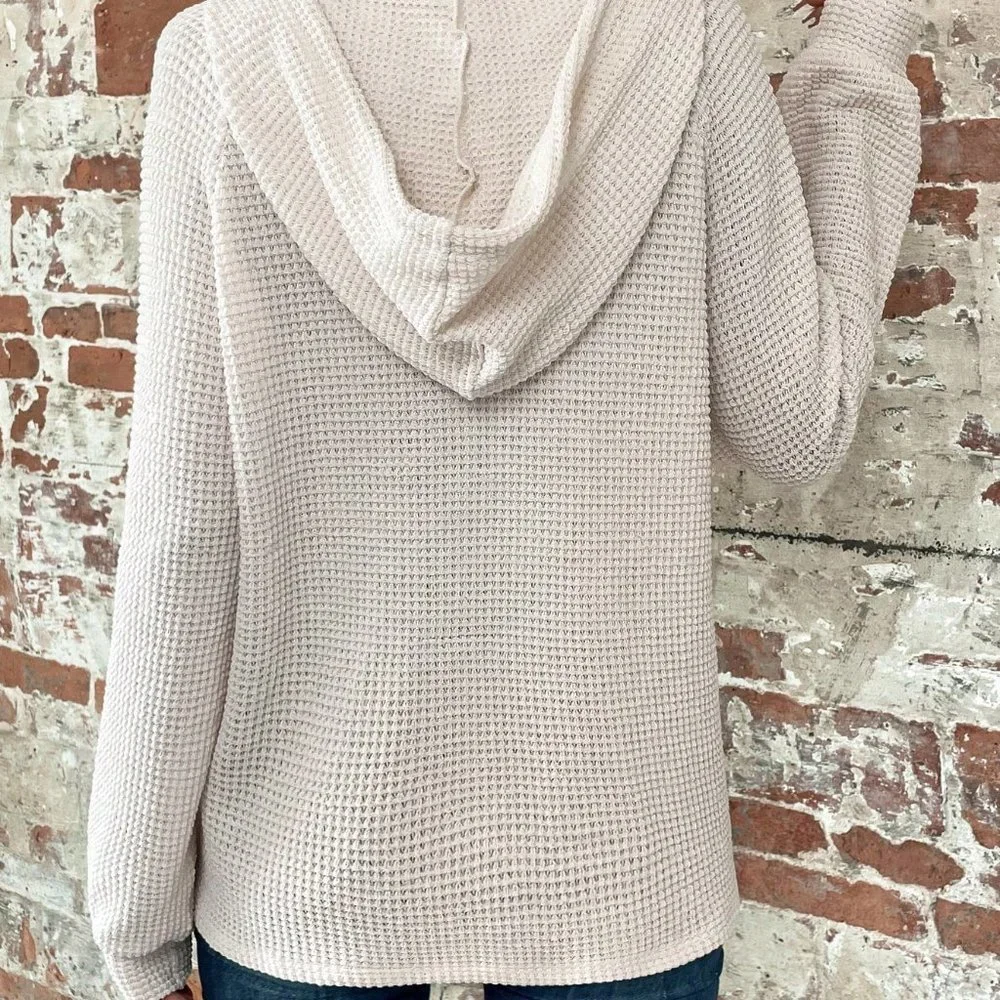 Apricot Casual Womens Half Button Raglan Sleeve Drawstring Hoodie - Picture 2 of 5